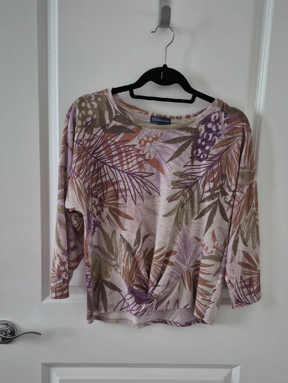 Democracy Beige Knit Top with Purple & Olive Botanical Print